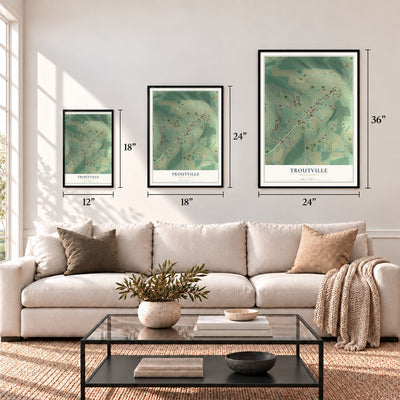 Troutville, Pennsylvania map in 12 x 18, 18 x 24 and 24 x 36 inch sizes above a sofa
