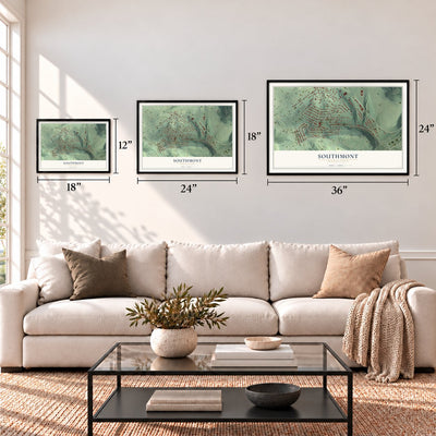 Southmont, Pennsylvania map in 12 x 18, 18 x 24 and 24 x 36 inch sizes above a sofa