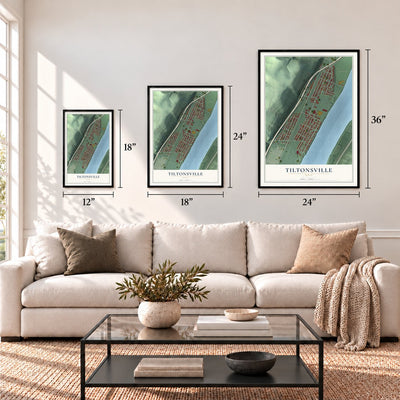 Tiltonsville, Ohio map in 12 x 18, 18 x 24 and 24 x 36 inch sizes above a sofa