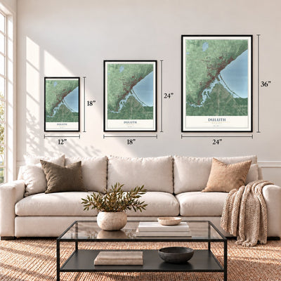 Duluth, Minnesota map in 12 x 18, 18 x 24 and 24 x 36 inch sizes above a sofa