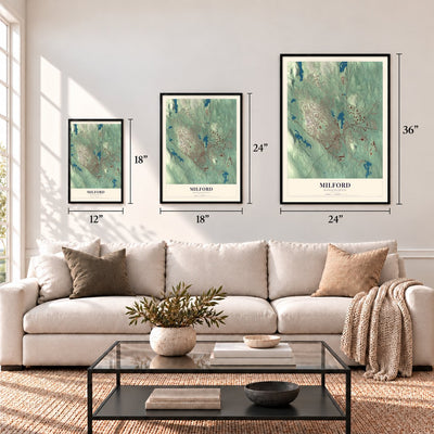 Milford, Massachusetts map in 12 x 18, 18 x 24 and 24 x 36 inch sizes above a sofa