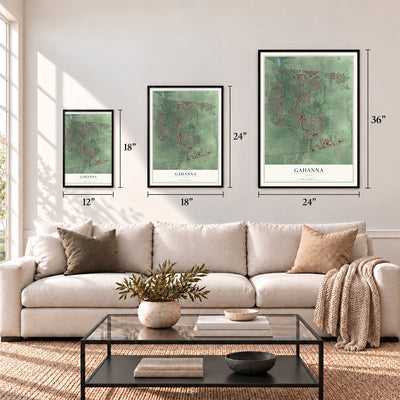 Gahanna, Ohio map in 12 x 18, 18 x 24 and 24 x 36 inch sizes above a sofa