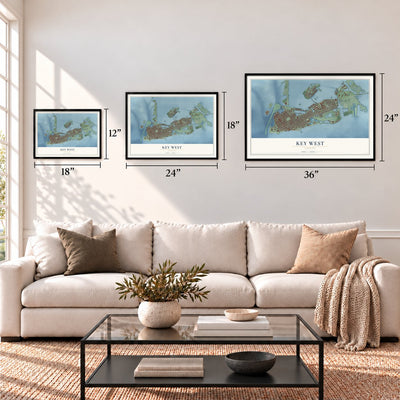 Key West, Florida map in 12 x 18, 18 x 24 and 24 x 36 inch sizes above a sofa