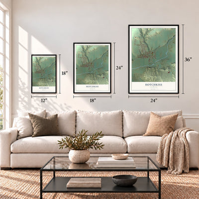 Hotchkiss, Colorado map in 12 x 18, 18 x 24 and 24 x 36 inch sizes above a sofa
