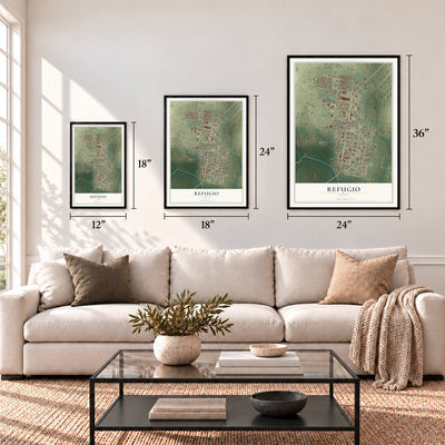 Refugio, Texas map in 12 x 18, 18 x 24 and 24 x 36 inch sizes above a sofa