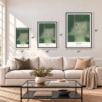 Pilger, Nebraska map in 12 x 18, 18 x 24 and 24 x 36 inch sizes above a sofa