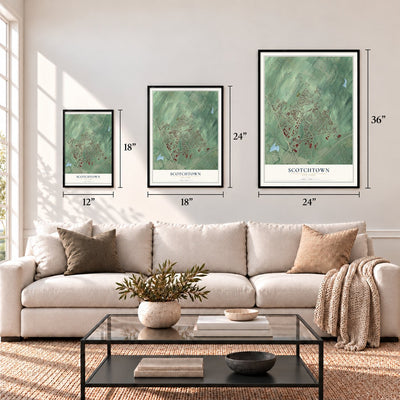 Scotchtown, New York map in 12 x 18, 18 x 24 and 24 x 36 inch sizes above a sofa