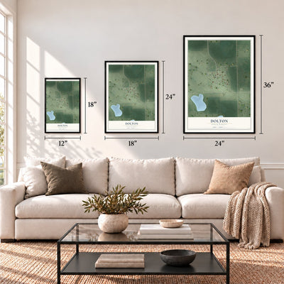 Dolton, South Dakota map in 12 x 18, 18 x 24 and 24 x 36 inch sizes above a sofa