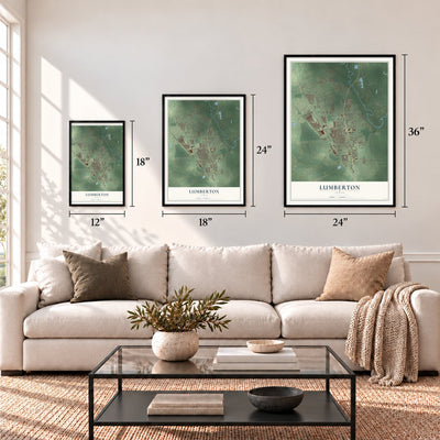 Lumberton, Texas map in 12 x 18, 18 x 24 and 24 x 36 inch sizes above a sofa