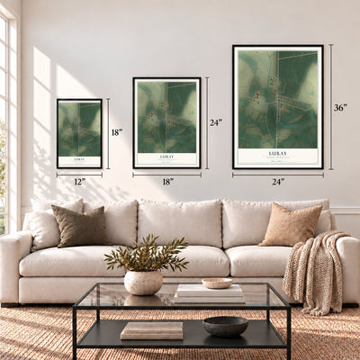 Luray, South Carolina map in 12 x 18, 18 x 24 and 24 x 36 inch sizes above a sofa