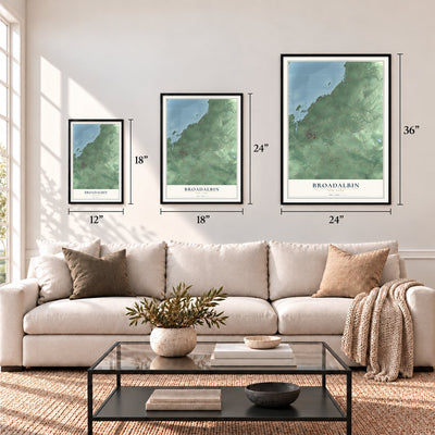 Broadalbin, New York map in 12 x 18, 18 x 24 and 24 x 36 inch sizes above a sofa