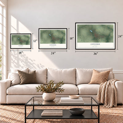 Converse, Indiana map in 12 x 18, 18 x 24 and 24 x 36 inch sizes above a sofa