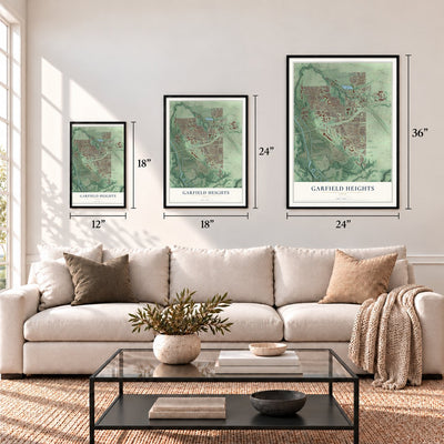 Garfield Heights, Ohio map in 12 x 18, 18 x 24 and 24 x 36 inch sizes above a sofa