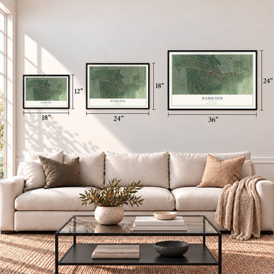 Hamilton, Virginia map in 12 x 18, 18 x 24 and 24 x 36 inch sizes above a sofa