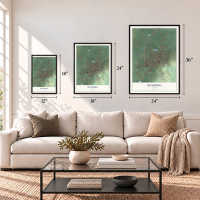 Rexburg, Idaho map in 12 x 18, 18 x 24 and 24 x 36 inch sizes above a sofa