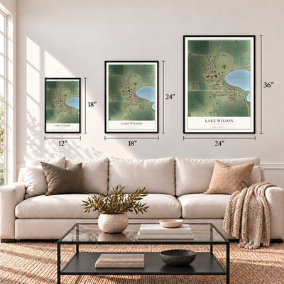 Lake Wilson, Minnesota map in 12 x 18, 18 x 24 and 24 x 36 inch sizes above a sofa