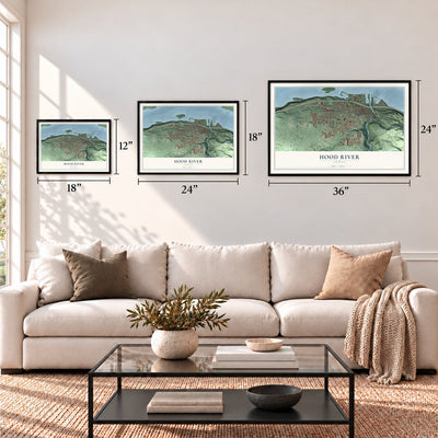 Hood River, Oregon map in 12 x 18, 18 x 24 and 24 x 36 inch sizes above a sofa