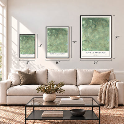 Town of Arlington, Wisconsin map in 12 x 18, 18 x 24 and 24 x 36 inch sizes above a sofa