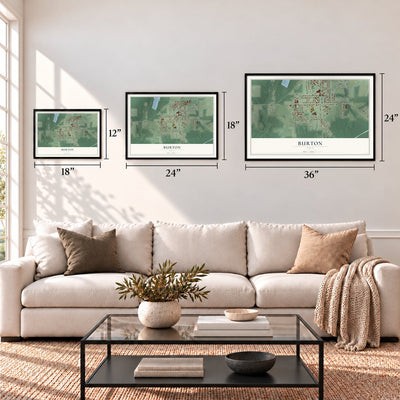 Burton, Ohio map in 12 x 18, 18 x 24 and 24 x 36 inch sizes above a sofa