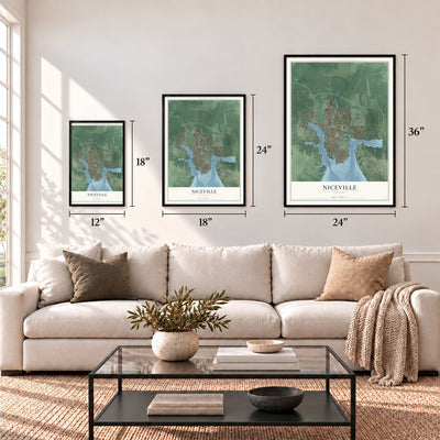 Niceville, Florida map in 12 x 18, 18 x 24 and 24 x 36 inch sizes above a sofa