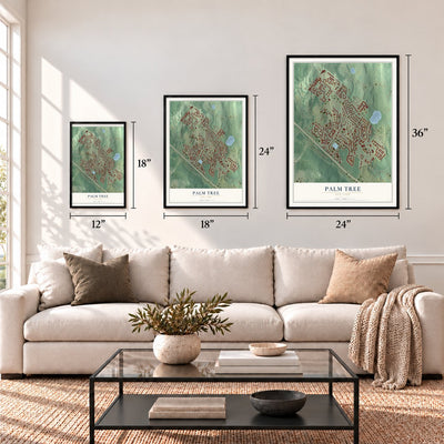 Palm Tree, New York map in 12 x 18, 18 x 24 and 24 x 36 inch sizes above a sofa