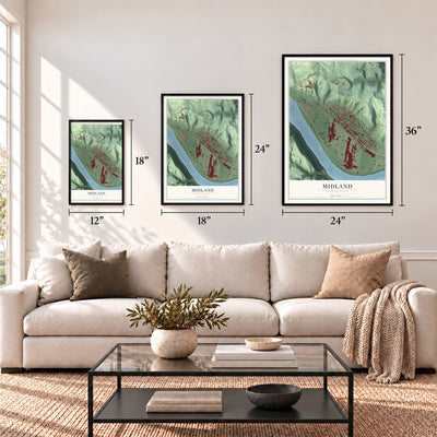 Midland, Pennsylvania map in 12 x 18, 18 x 24 and 24 x 36 inch sizes above a sofa