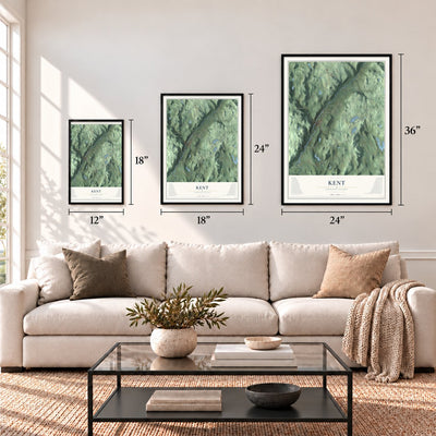 Kent, Connecticut map in 12 x 18, 18 x 24 and 24 x 36 inch sizes above a sofa