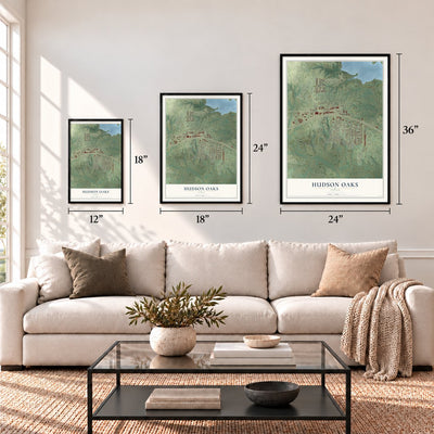 Hudson Oaks, Texas map in 12 x 18, 18 x 24 and 24 x 36 inch sizes above a sofa