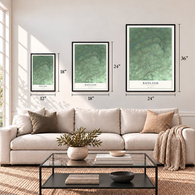 Rutland, New York map in 12 x 18, 18 x 24 and 24 x 36 inch sizes above a sofa