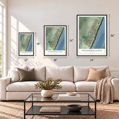 Englewood Cliffs, New Jersey map in 12 x 18, 18 x 24 and 24 x 36 inch sizes above a sofa