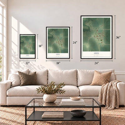 Odin, Minnesota map in 12 x 18, 18 x 24 and 24 x 36 inch sizes above a sofa