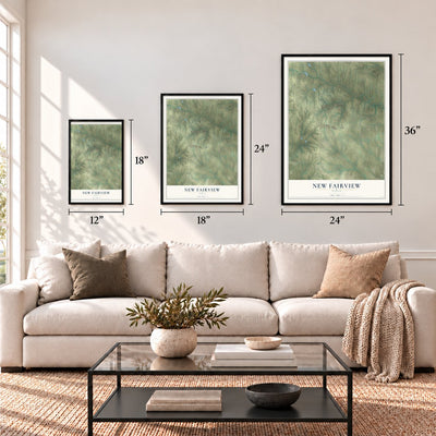 New Fairview, Texas map in 12 x 18, 18 x 24 and 24 x 36 inch sizes above a sofa