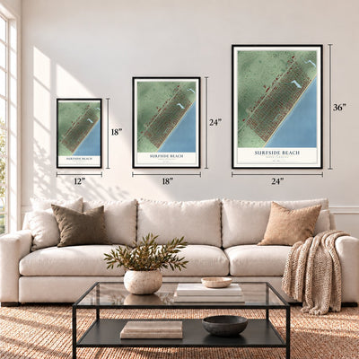 Surfside Beach, South Carolina map in 12 x 18, 18 x 24 and 24 x 36 inch sizes above a sofa