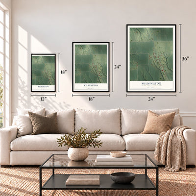 Wilmington, Greene County, Illinois map in 12 x 18, 18 x 24 and 24 x 36 inch sizes above a sofa