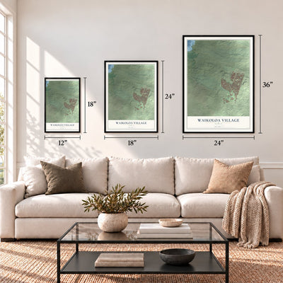 Waikoloa Village, Hawaii map in 12 x 18, 18 x 24 and 24 x 36 inch sizes above a sofa