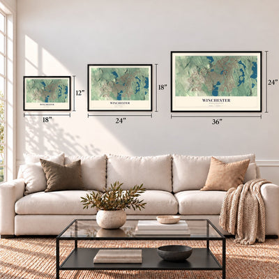 Winchester, Massachusetts map in 12 x 18, 18 x 24 and 24 x 36 inch sizes above a sofa