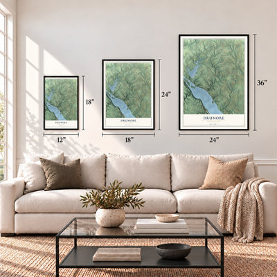Drumore, Pennsylvania map in 12 x 18, 18 x 24 and 24 x 36 inch sizes above a sofa