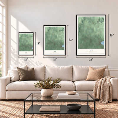 Lee, New York map in 12 x 18, 18 x 24 and 24 x 36 inch sizes above a sofa