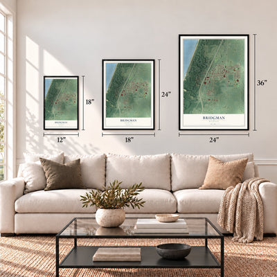 Bridgman, Michigan map in 12 x 18, 18 x 24 and 24 x 36 inch sizes above a sofa
