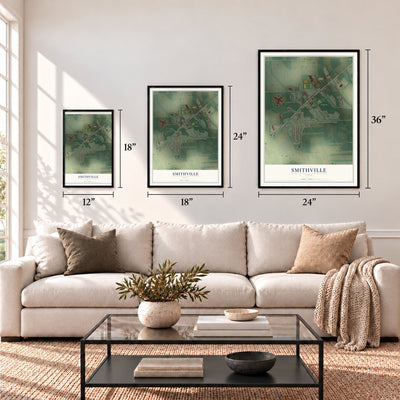 Smithville, Ohio map in 12 x 18, 18 x 24 and 24 x 36 inch sizes above a sofa