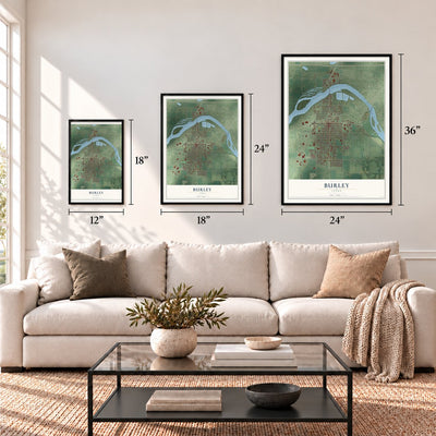 Burley, Idaho map in 12 x 18, 18 x 24 and 24 x 36 inch sizes above a sofa