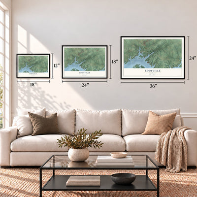 Eddyville, Kentucky map in 12 x 18, 18 x 24 and 24 x 36 inch sizes above a sofa