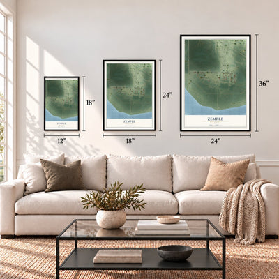 Zemple, Minnesota map in 12 x 18, 18 x 24 and 24 x 36 inch sizes above a sofa