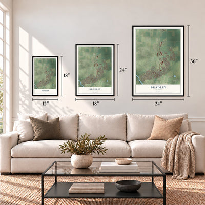 Bradley, Illinois map in 12 x 18, 18 x 24 and 24 x 36 inch sizes above a sofa