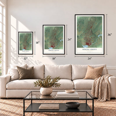 Spring Grove, Pennsylvania map in 12 x 18, 18 x 24 and 24 x 36 inch sizes above a sofa