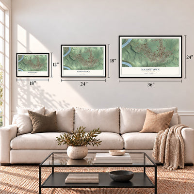 Masontown, Pennsylvania map in 12 x 18, 18 x 24 and 24 x 36 inch sizes above a sofa