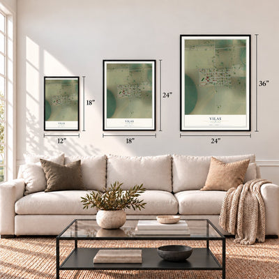 Vilas, Colorado map in 12 x 18, 18 x 24 and 24 x 36 inch sizes above a sofa