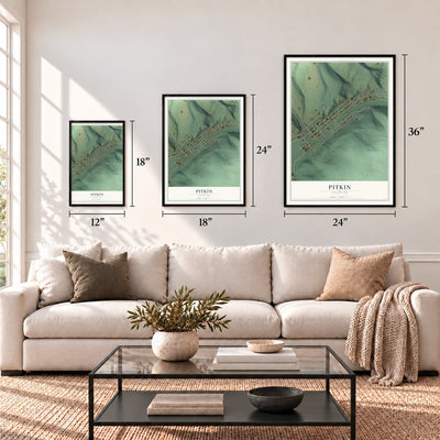 Pitkin, Colorado map in 12 x 18, 18 x 24 and 24 x 36 inch sizes above a sofa