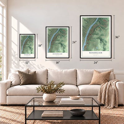 Rensselaer, New York map in 12 x 18, 18 x 24 and 24 x 36 inch sizes above a sofa