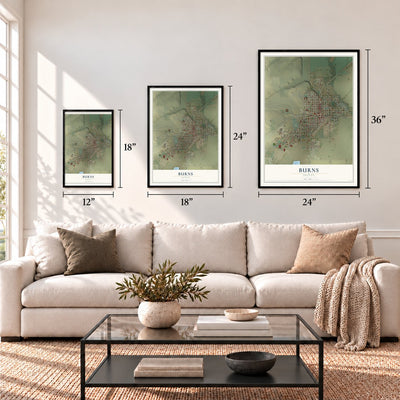 Burns, Oregon map in 12 x 18, 18 x 24 and 24 x 36 inch sizes above a sofa